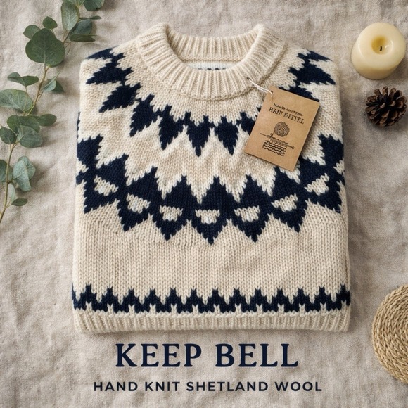 Keep Bell Other - NWT Keep Bell Wool Hand Knit Cream Black Fisherman Sweater Fair Isle Nordic Sz M